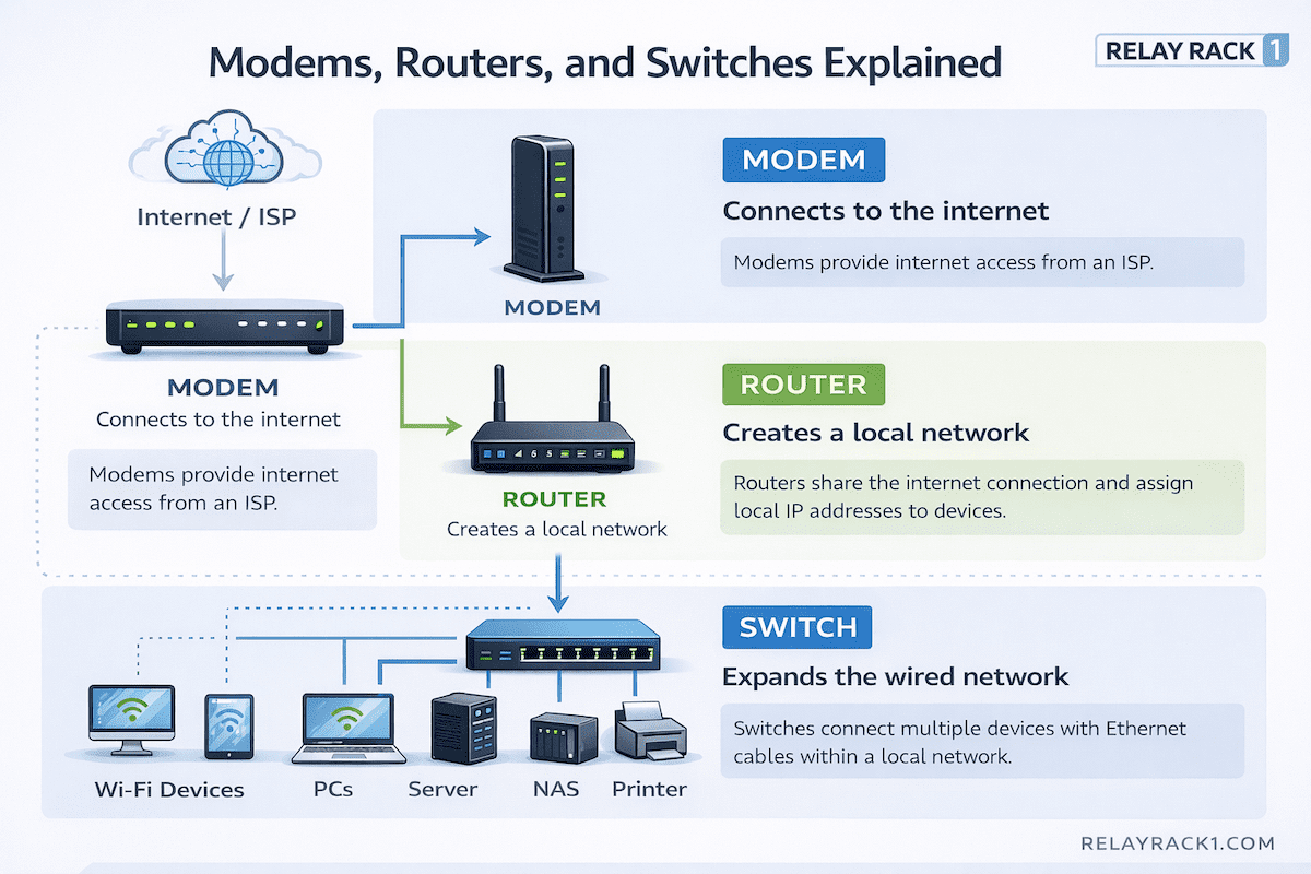 Simple network diagram showing how a modem connects to a router and switch in a home or small business network