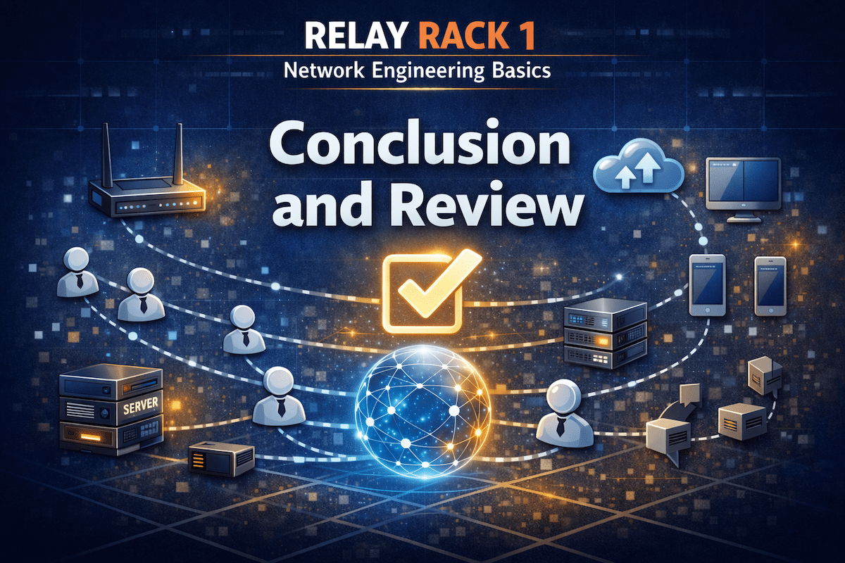 Network engineering basics conclusion and review featuring core concepts like IP addressing, DNS, routing, security, and troubleshooting