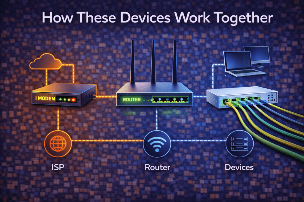 Diagram showing a modem, router, and switch working together to connect devices to the internet