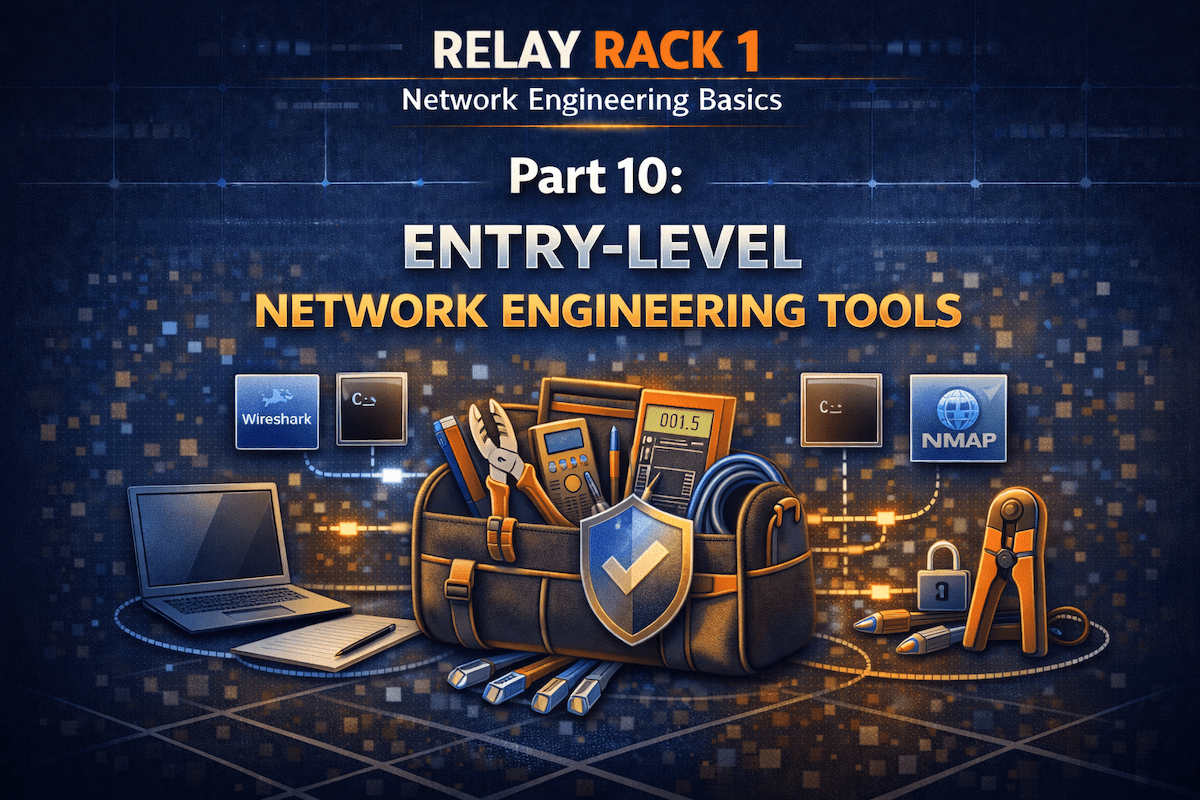Entry-level network engineering tools including terminal emulators, ping, traceroute, SSH, Wireshark, and Nmap
