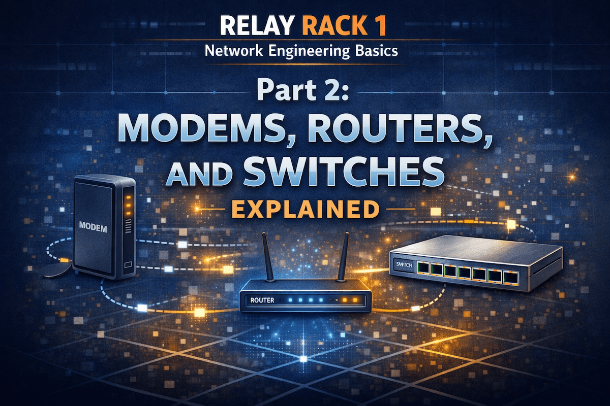 Diagram showing a modem, router, and switch and how they work together in a basic network setup
