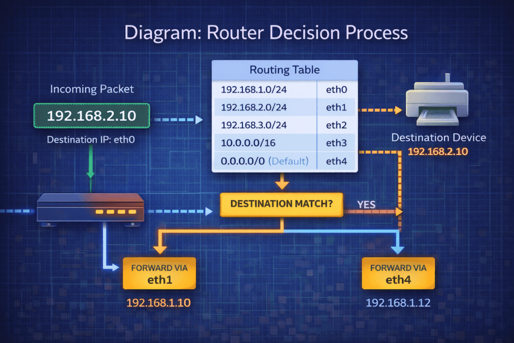 Diagram showing how a router decides whether network traffic stays local or is sent to the internet