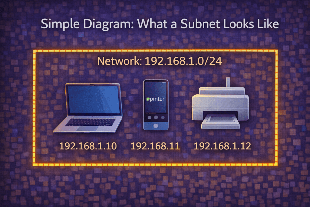 Simple diagram showing a subnet grouping devices with IP addresses inside a local network