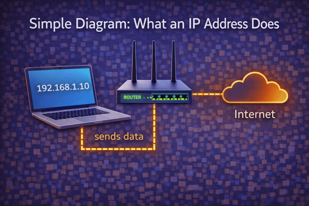 Simple diagram showing how an IP address identifies a device and allows data to travel through a network