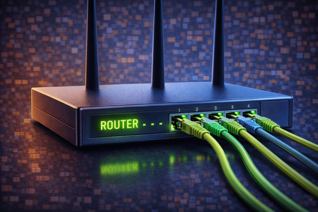 Network router with Ethernet cables connected, routing traffic between devices on a local network