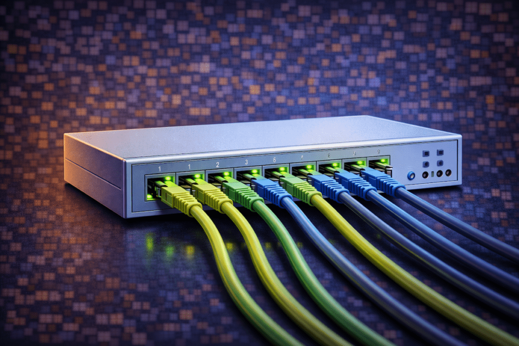 Network switch with Ethernet cables connected to front ports, linking multiple devices on a local network