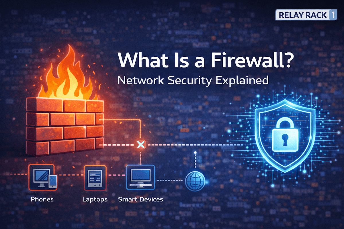 Relay Rack 1 branded diagram showing how a firewall protects a network by controlling traffic between the internet and internal systems